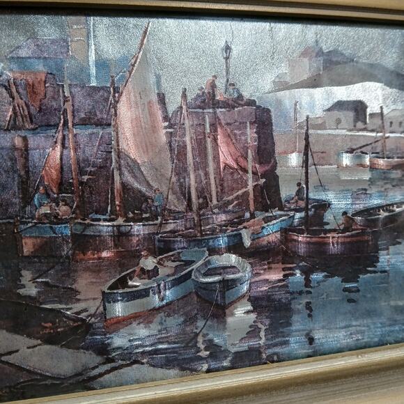 Vtg Framed Foil Art Print Schooner Sailboat Nautical Port Scene 11x9" Gold Frame - Picture 2 of 8